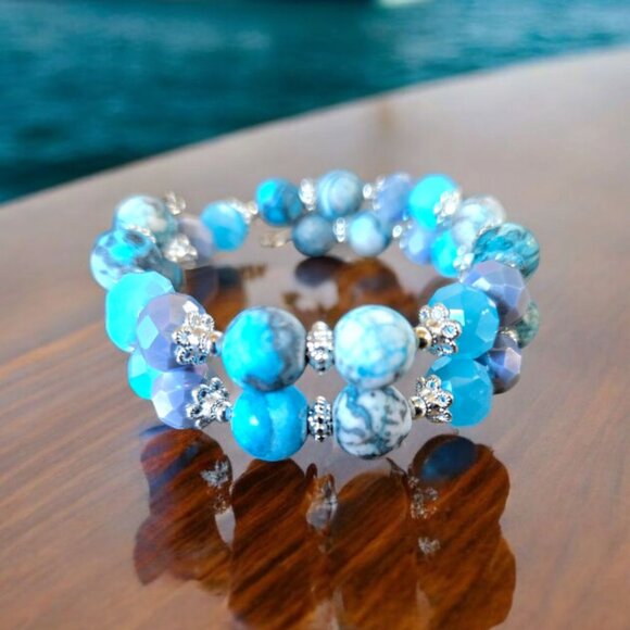 Aqua Gemstone Beaded Bracelet Silver Beach Cruise Memory Wire Designer NWT - Picture 12 of 12